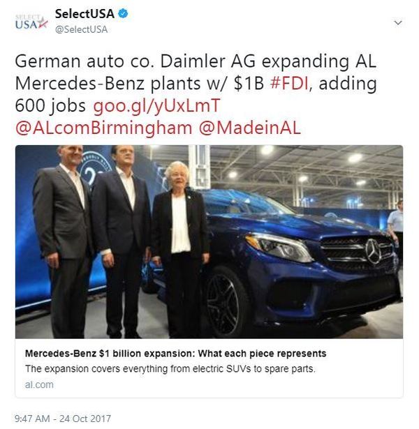 German auto co. Daimler AG expanding AL Mercedes-Benz plants w/ $1B #FDI, adding 600 jobs