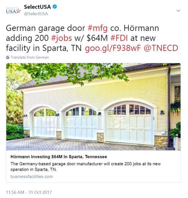 German garage door #mfg co. Hörmann adding 200 #jobs w/ $64M #FDI at new facility in Sparta, TN