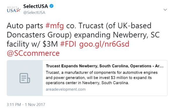 uto parts #mfg co. Trucast (of UK-based Doncasters Group) expanding Newberry, SC facility w/ $3M
