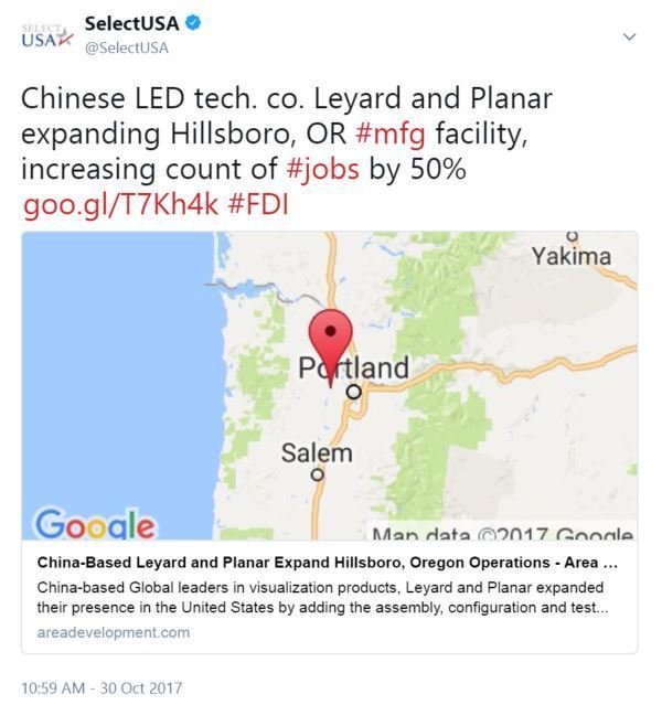 Chinese LED tech. co. Leyard and Planar expanding Hillsboro, OR #mfg facility, increasing count of #jobs by 50%