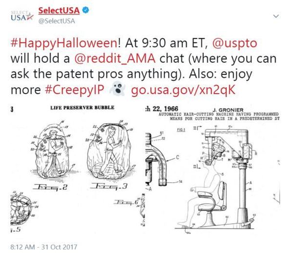 #HappyHalloween! At 9:30 am ET, @uspto will hold a @reddit_AMA chat (where you can ask the patent pros anything). Also: enjoy more #CreepyIP