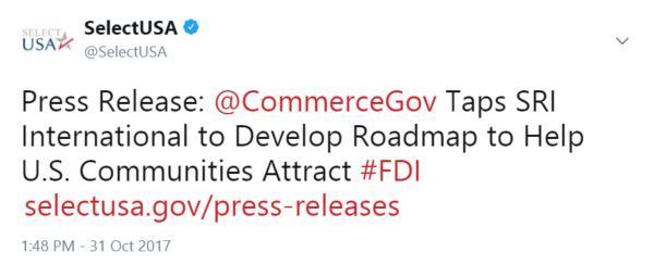 Press Release: @CommerceGov Taps SRI International to Develop Roadmap to Help U.S. Communities Attract #FDI