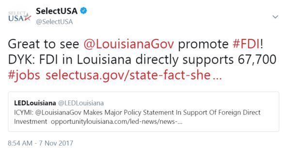 Great to see @LouisianaGov promote #FDI! DYK: FDI in Louisiana directly supports 67,700 #jobs
