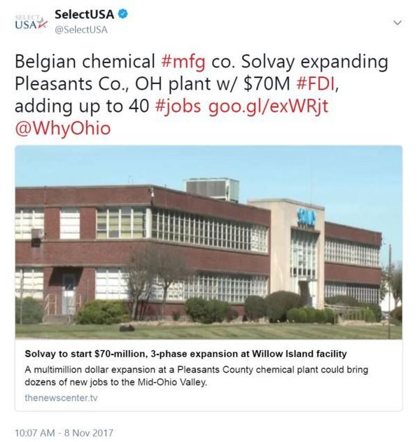 Belgian chemical #mfg co. Solvay expanding Pleasants Co., OH plant w/ $70M #FDI, adding up to 40 #jobs