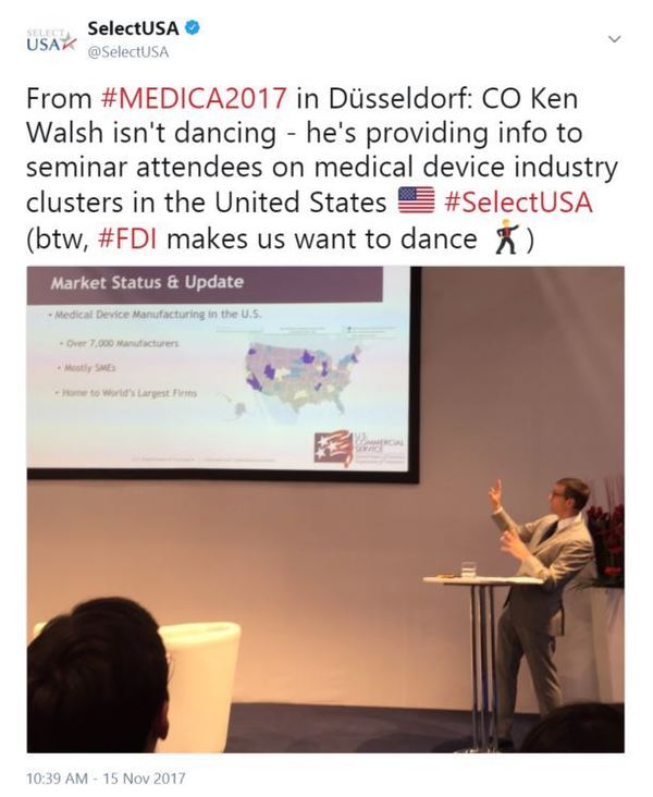#MEDICA2017 in Düsseldorf: Ken Walsh isn't dancing - he's providing info to seminar attendees on medical device industry clusters in America.