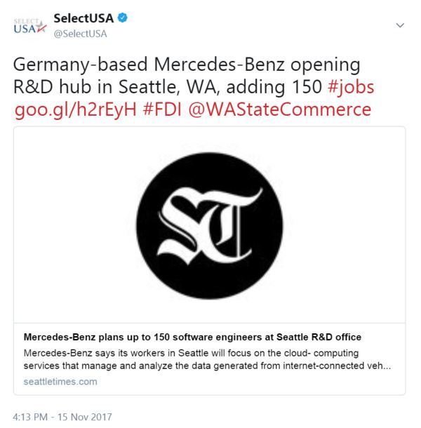 Germany-based Mercedes-Benz opening R&D hub in Seattle, WA, adding 150 #jobs 