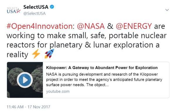 #Open4Innovation: @NASA & @ENERGY are working to make small, safe, portable nuclear reactors for planetary & lunar exploration a reality ⚡️ 🚀
