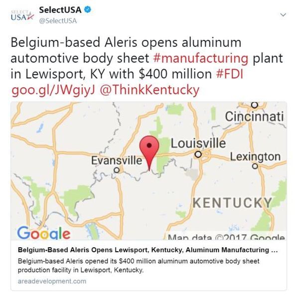 Belgium-based Aleris opens aluminum automotive body sheet #manufacturing plant in Lewisport, KY with $400 million #FDI