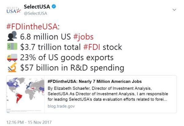 #FDIintheUSA: 👥 6.8 million US #jobs 💵 $3.7 trillion total #FDI stock 🚚 23% of US goods exports 🔬 $57 billion in R&D spending