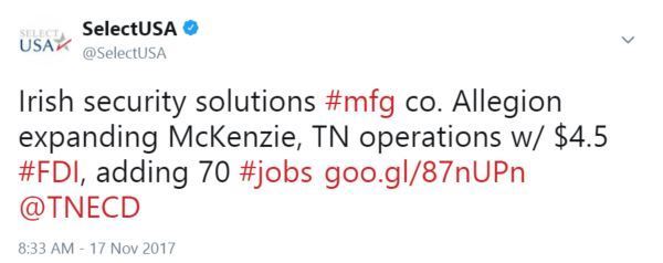 Irish security solutions #mfg co. Allegion expanding McKenzie, TN operations w/ $4.5 #FDI, adding 70 #jobs