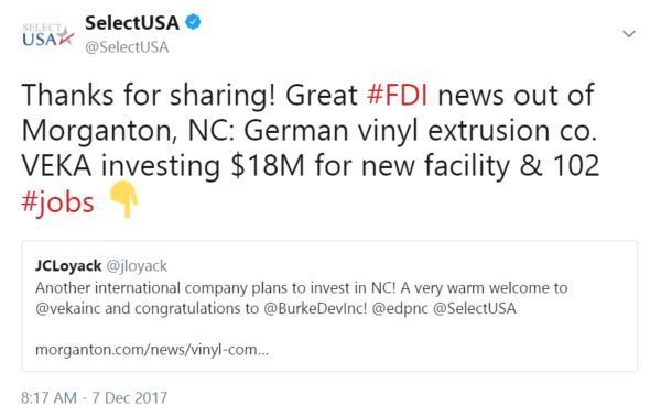 Thanks for sharing! Great #FDI news out of Morganton, NC: German vinyl extrusion co. VEKA investing $18M for new facility & 102 #jobs 👇