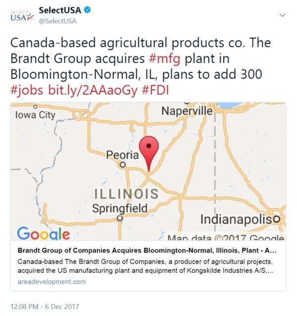 Canada-based agricultural products co. The Brandt Group acquires #mfg plant in Bloomington-Normal, IL, plans to add 300