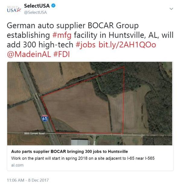 German auto supplier BOCAR Group establishing #mfg facility in Huntsville, AL, will add 300 high-tech #jobs