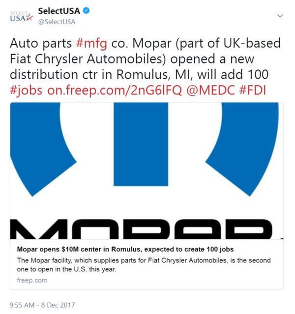 Auto parts #mfg co. Mopar (part of UK-based Fiat Chrysler Automobiles) opened a new distribution ctr in Romulus, MI, will add 100 #jobs