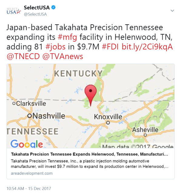 Japan-based Takahata Precision Tennessee expanding its #mfg facility in Helenwood, TN, adding 81 #jobs in $9.7M #FDI