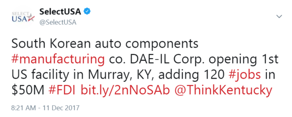 South Korean auto components #manufacturing co. DAE-IL Corp. opening 1st US facility in Murray, KY, adding 120 #jobs in $50M #FDI