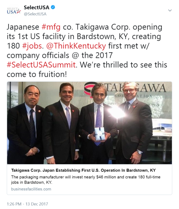 Japanese #mfg co. Takigawa Corp. opening its 1st US facility in Bardstown, KY, creating 180 #jobs.