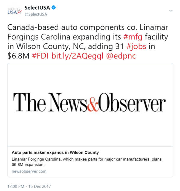 Canada-based auto components co. Linamar Forgings Carolina expanding its #mfg facility in Wilson County, NC, adding 31 #jobs in $6.8M #FDI