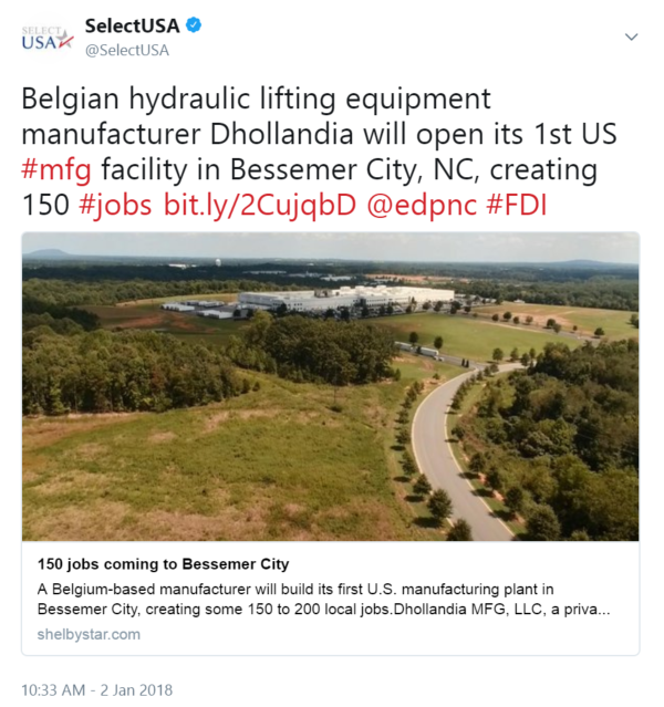 Belgian hydraulic lifting equipment manufacturer Dhollandia will open its 1st US #mfg facility in Bessemer City, NC, creating 150 #jobs