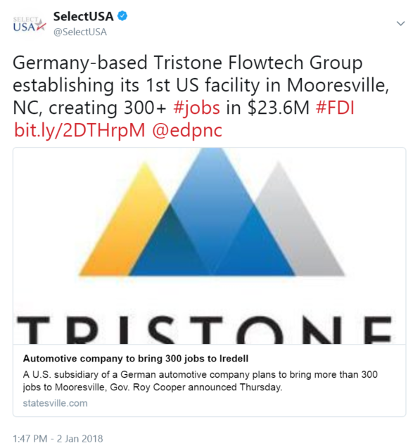 Germany-based Tristone Flowtech Group establishing its 1st US facility in Mooresville, NC, creating 300+ #jobs in $23.6M #FDI