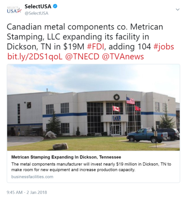 Canadian metal components co. Metrican Stamping, LLC expanding its facility in Dickson, TN in $19M #FDI, adding 104 #jobs