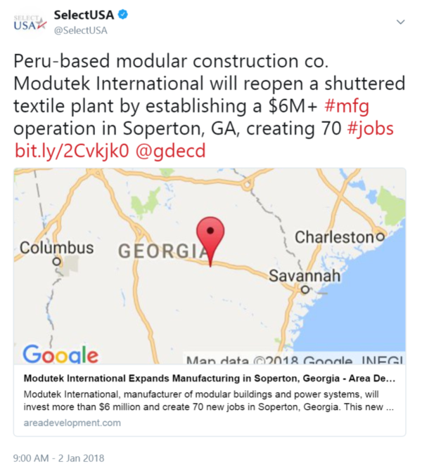 Peru-based modular construction co. Modutek International will reopen a shuttered textile plant by establishing a $6M+ mfg operation in Soperton, GA