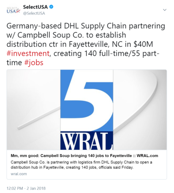 German DHL Supply Chain partnering w/ Campbell Soup Co. to establish distribution ctr in Fayetteville, NC in $40M #investment, creating 195 jobs