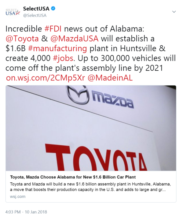 Incredible FDI news out of Alabama: Toyota & Mazda will establish a $1.6B manufacturing plant in Huntsville & create 4,000 #jobs