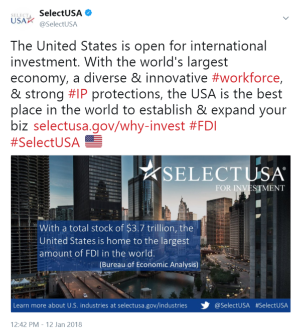 US is open for intl. investment. With the world's largest econ, a diverse & innovative workforce, & strong IP protections....