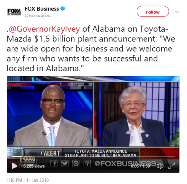 .@GovernorKayIvey of AL on Toyota-Mazda $1.6 billion plant announcement: "We are wide open for business and we welcome....