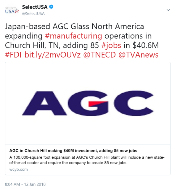 Japan-based AGC Glass North America expanding #manufacturing operations in Church Hill, TN, adding 85 #jobs in $40.6M #FDI