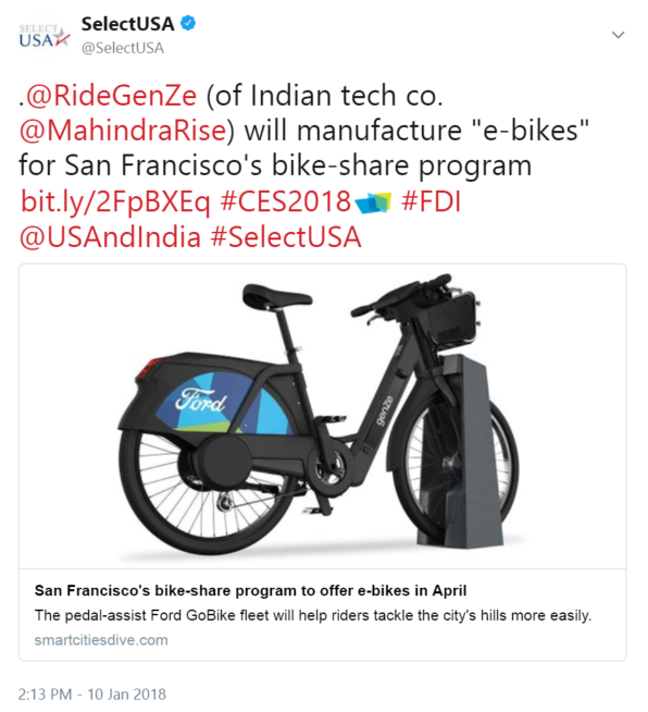 @RideGenZe (of Indian tech co. @MahindraRise) will manufacture "e-bikes" for San Francisco's bike-share program
