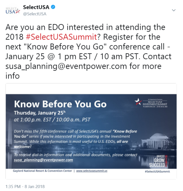 Are you an EDO interested in attending the 2018 #SelectUSASummit? Register for the next "Know Before You Go" conference call....