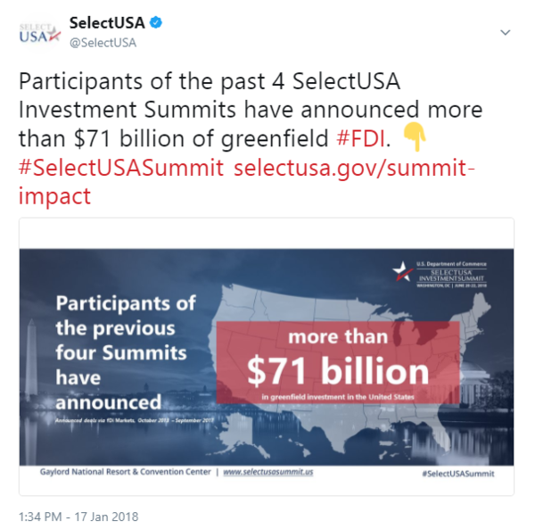 Participants of the past 4 SelectUSA Investment Summits have announced more than $71 billion of greenfield #FDI.