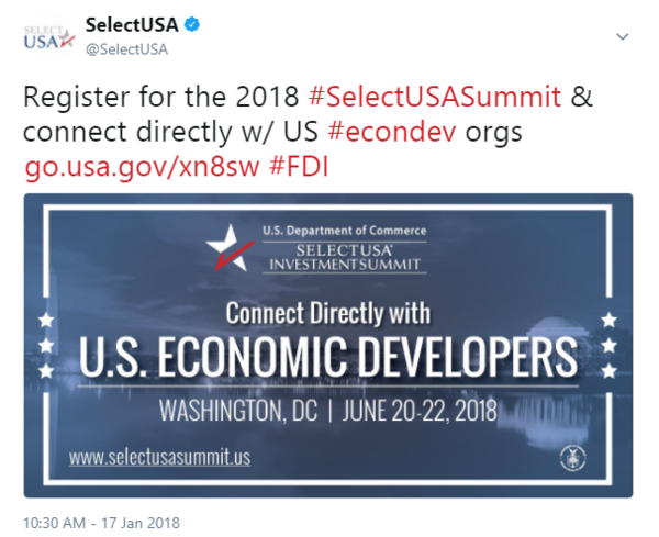 Register for the 2018 #SelectUSASummit & connect directly w/ US #econdev orgs