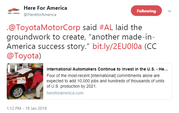 .@ToyotaMotorCorp said #AL laid the groundwork to create, “another made-in-America success story.”