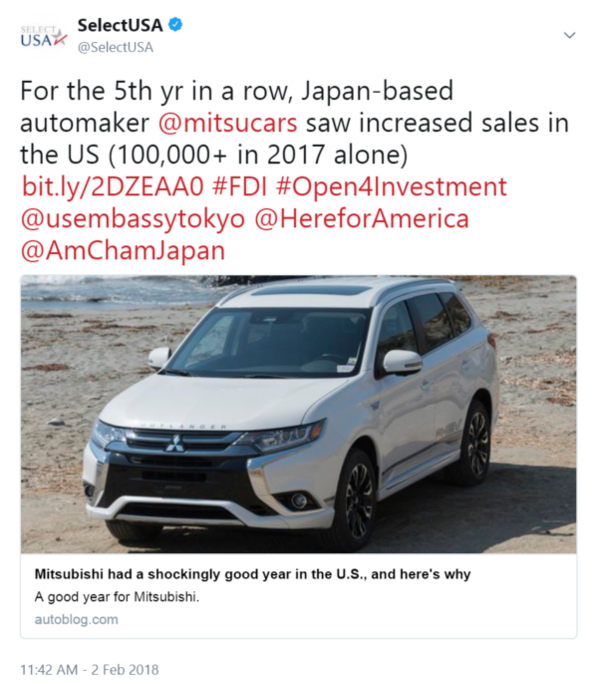 For the 5th yr in a row, Japan-based automaker @mitsucars saw increased sales in the US (100,000+ in 2017 alone)