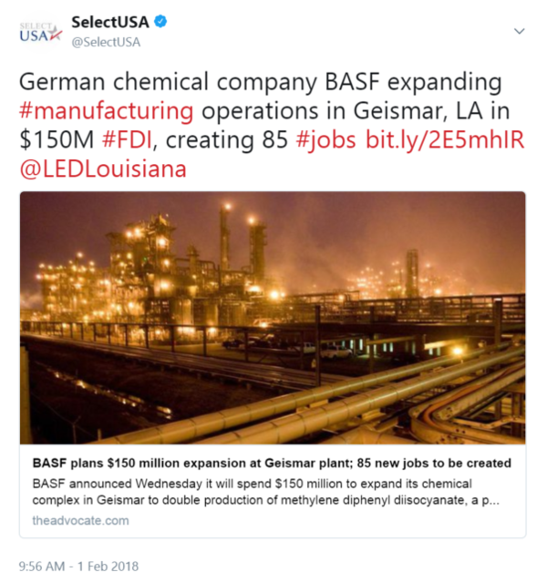German chemical company BASF expanding #manufacturing operations in Geismar, LA in $150M #FDI, creating 85 #jobs