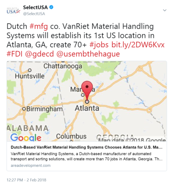 Dutch #mfg co. VanRiet Material Handling Systems will establish its 1st US location in Atlanta, GA, create 70+ #jobs