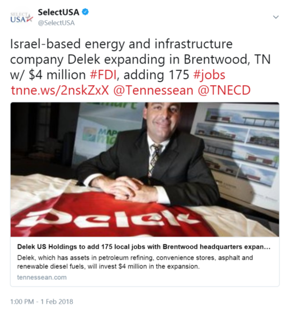 Israel-based energy and infrastructure company Delek expanding in Brentwood, TN w/ $4 million #FDI, adding 175 #jobs