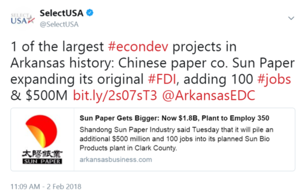 1 of the largest #econdev projects in Arkansas history: Chinese paper co. Sun Paper expanding its original #FDI, adding 100 #jobs & $500M