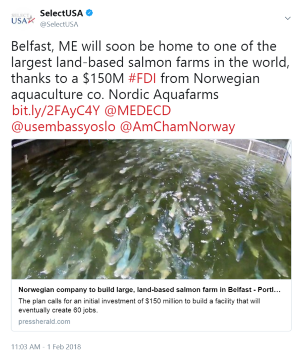Belfast, ME will soon be home to one of the largest land-based salmon farms in the world, thanks to a $150M #FDI from...