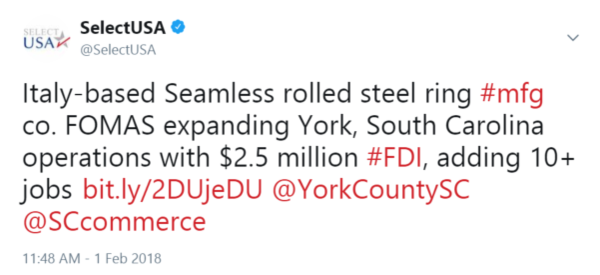 Italy-based Seamless rolled steel ring #mfg co. FOMAS expanding York, South Carolina operations with $2.5 million #FDI, adding 10+ jobs