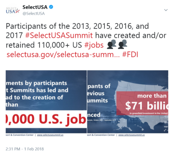 Participants of the 2013, 2015, 2016, and 2017 #SelectUSASummit have created and/or retained 110,000+ US #jobs