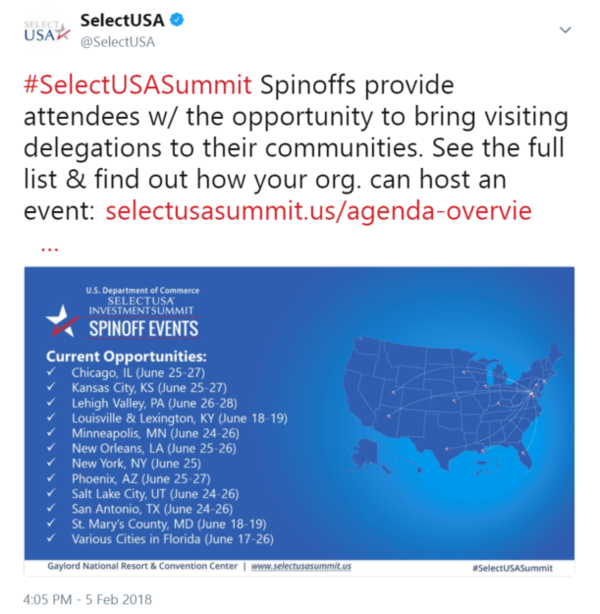 #SelectUSASummit Spinoffs provide attendees w/ the opportunity to bring visiting delegations to their communities. See the...