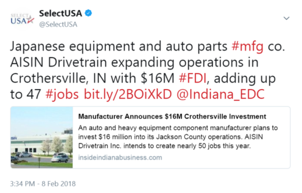 Japanese equipment and auto parts #mfg co. AISIN Drivetrain expanding operations in Crothersville, IN with $16M #FDI, adding up to 47 #jobs