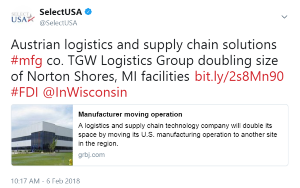 Austrian logistics and supply chain solutions #mfg co. TGW Logistics Group doubling size of Norton Shores, MI facilities