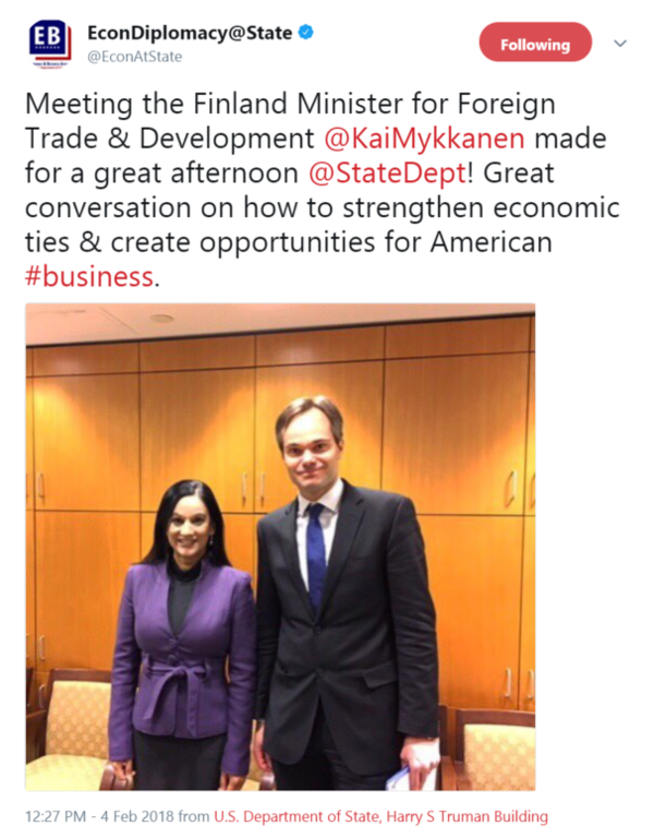 Meeting the Finland Minister for Foreign Trade & Development @KaiMykkanen made for a great afternoon @StateDept! Great conversation on...