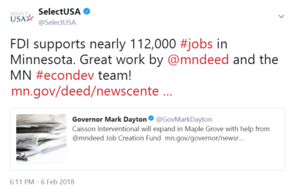 FDI supports nearly 112,000 #jobs in Minnesota. Great work by @mndeed and the MN #econdev team!