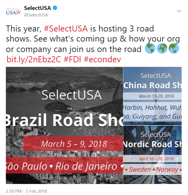 This year, #SelectUSA is hosting 3 road shows. See what's coming up & how your org or company can join us on the road